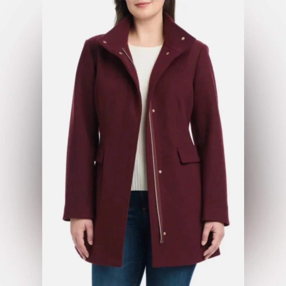 Vince Camuto Women’s Faux Wool Deep Burgundy Pea Coat Medium NEW - Picture 11 of 11